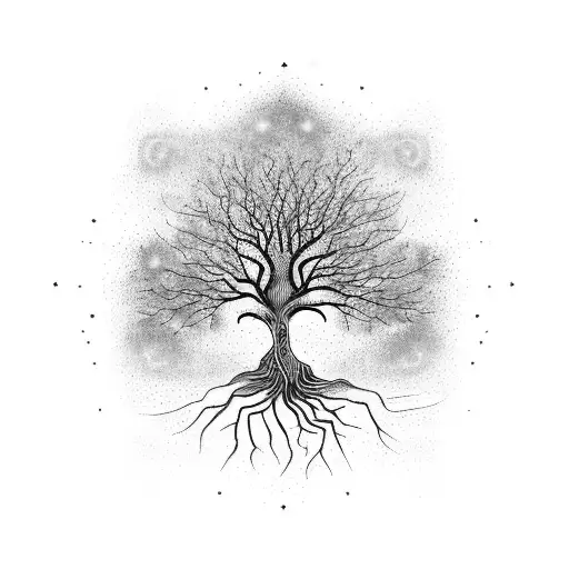 A Cosmic Tree With Intricate Roots And Branches Reaching Towards The Stars