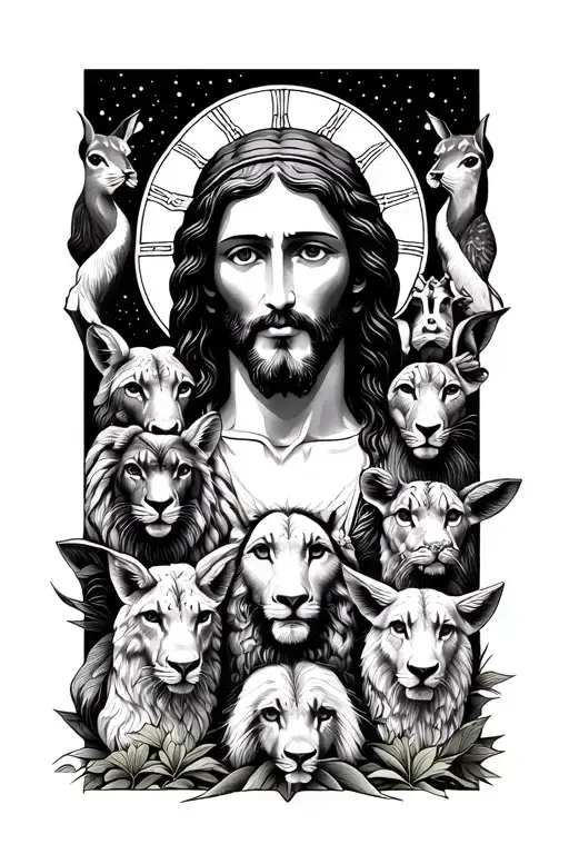 A Stylized Portrait Of Jesus Surrounded By Various Animals Symbolizing Peace And Harmony