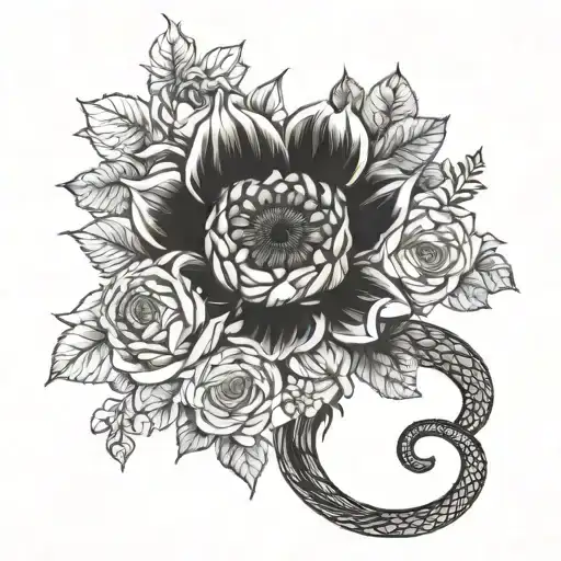 Half Sunflower Blooming With Snake And Roses