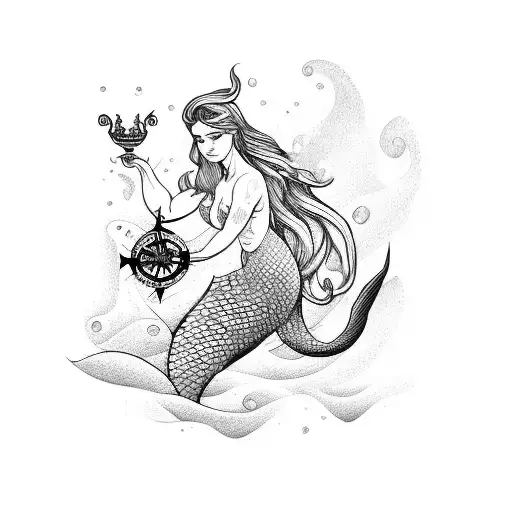 A Majestic Mermaid Swimming In The Depths Of The Sea With A Compass In Her Hand