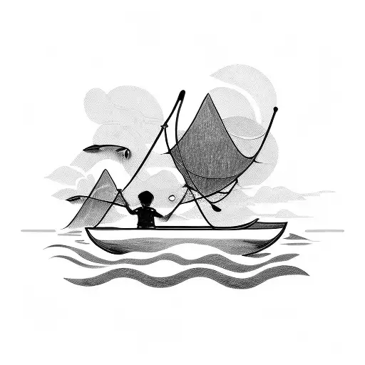 A Sketch Of A Canoe With An Adult And A Child Fishing Together