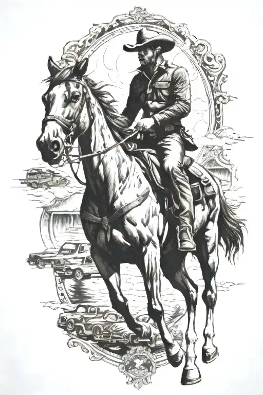 A Tattoo Design Of A Cowboy Riding A Horse With A Backdrop Of Old-fashioned Cars And Semi Trucks