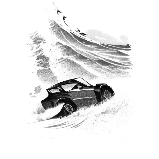 A Sleek And Powerful Car Racing Against Crashing Waves On A Beach