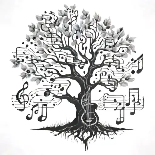 Tree Growing Made Of Musical Instrumentos With Notes Flowting