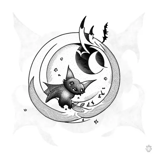 Crescent Moon With Bats And Rose Petals