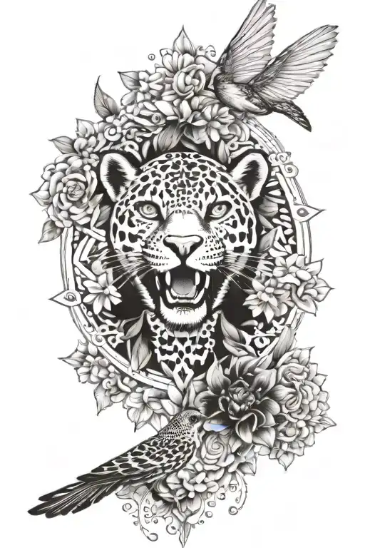 A Jaguar And A Certain Hummingbird In A Mandala Design With Sun Rayscertain Flowers