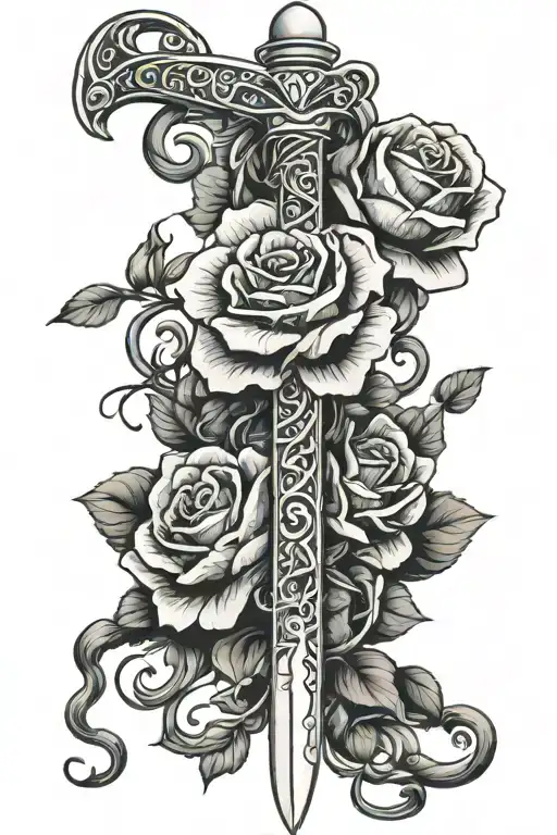 Sword Covered In Blue Roses With Vines And A Snake