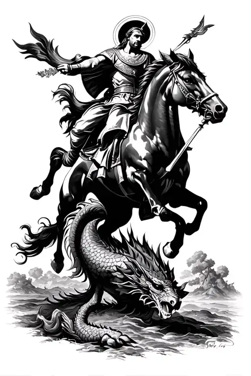 Saint George On A Horse Stomping On And Spearing A Dragon Below Him