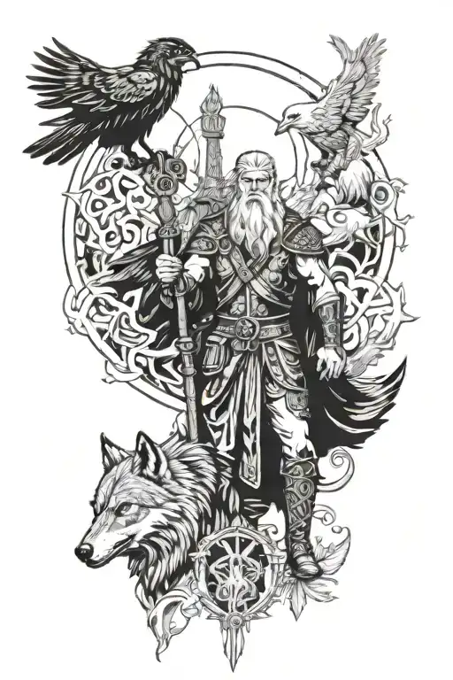 Odin With Wolfs And Raven