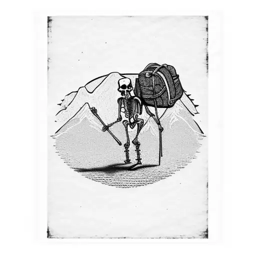 Woodcut Style Image Of A Skeleton Hiking With Backpack