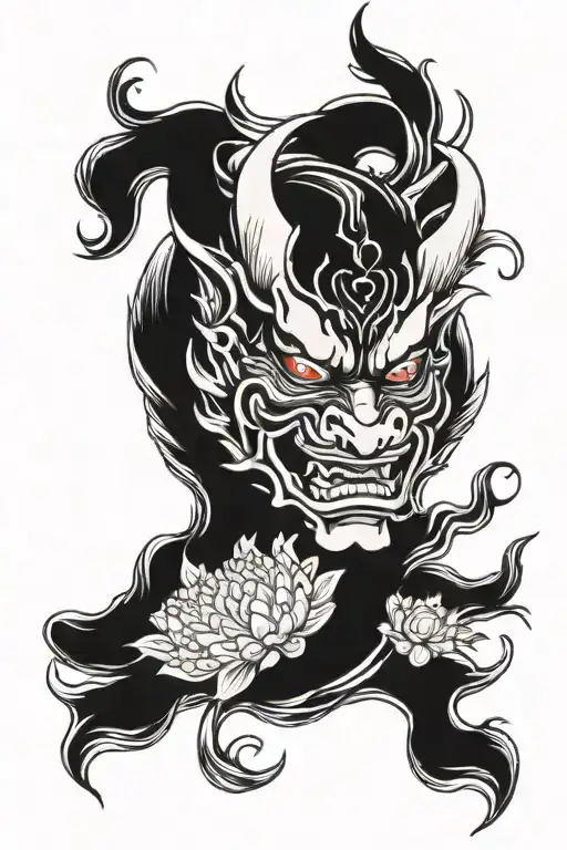 Hannya Mask Surrounded Koi Fish Swimming