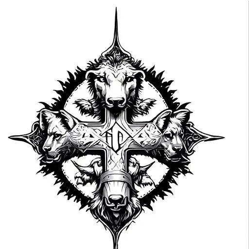 Religious Cross With Animal Headed Knights