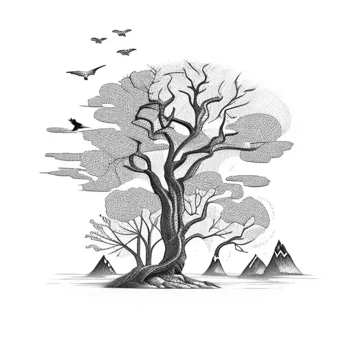 Mountain Landscape With A Cardinal Perched On A Tree Branch