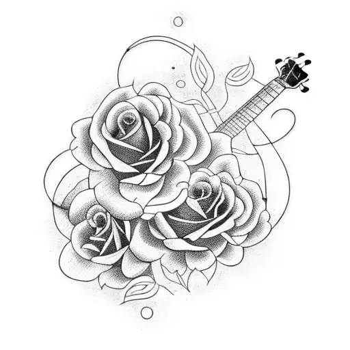 A Guitar With A Delicate Blackwork Design Of Roses And Vines