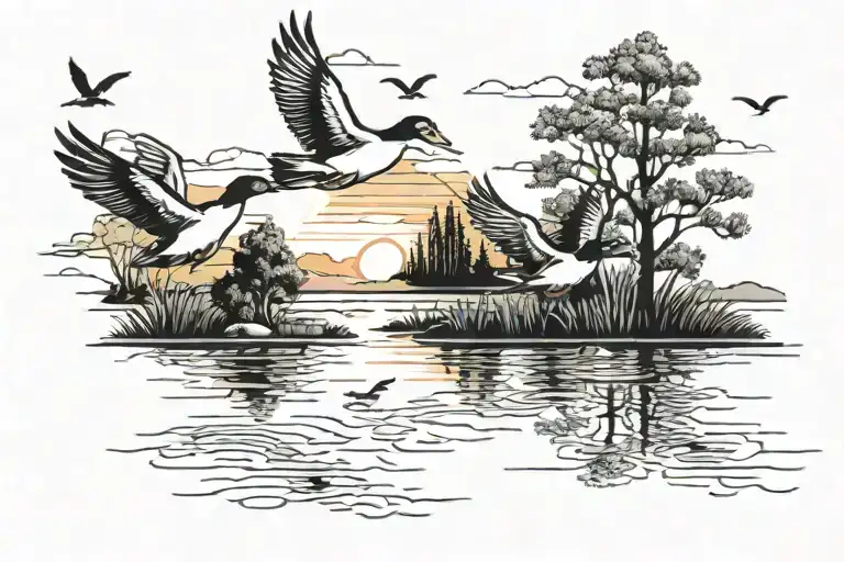 Ducks Flying Over Pond With A Few Trees Sunset Black And White