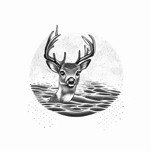 A Deer Gracefully Leaping Over A Stream In A Dotwork Style