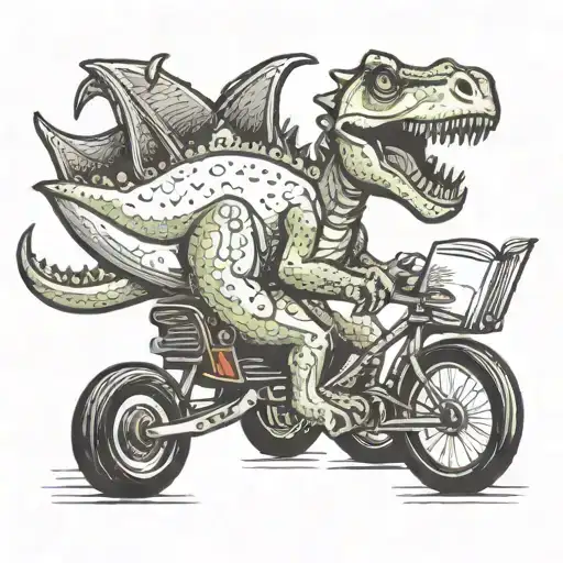 Cartoon Dinosaur On A Trike Reading A Book
