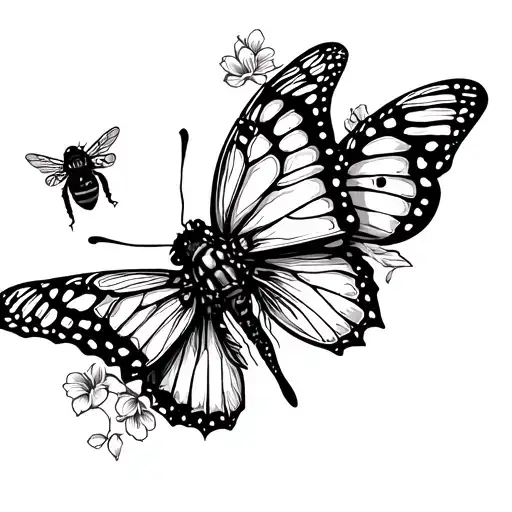 Butterfly And Bee Flying Together