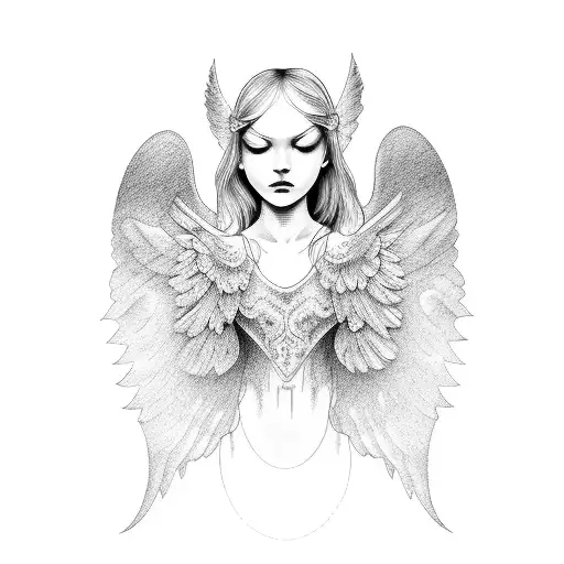 Fine Line Tattoo Of Beautiful Mysterious Angel