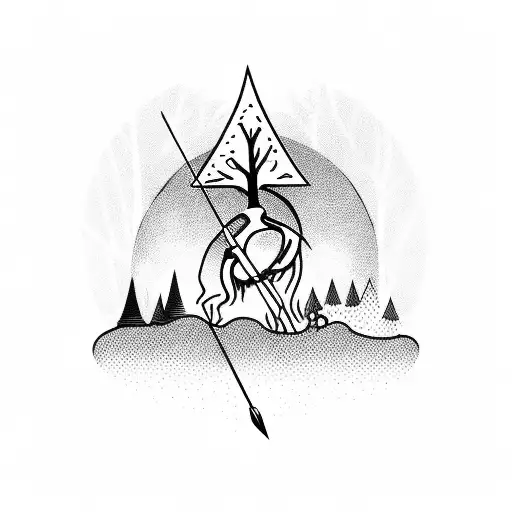 Bow With Arrow And Tree With Black Little Wolf Next To Him