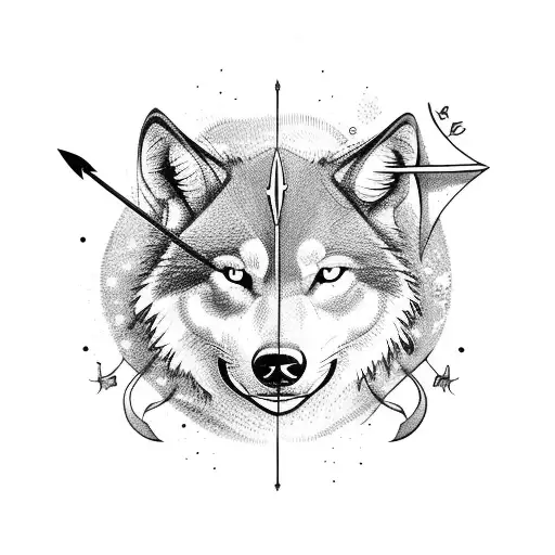 Bow With Arrow And Tree With Wolf