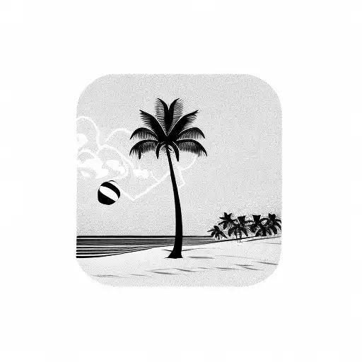 Black And White Lineal Simple Palm Tree And Beach Volleyball