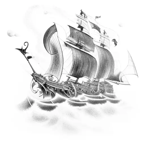 Gladiator Ship Battling A Sea Monster In A Stormy Ocean