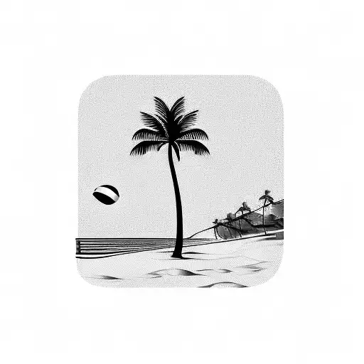 Black And White Lineal Simple Palm Tree And Beach Volleyball