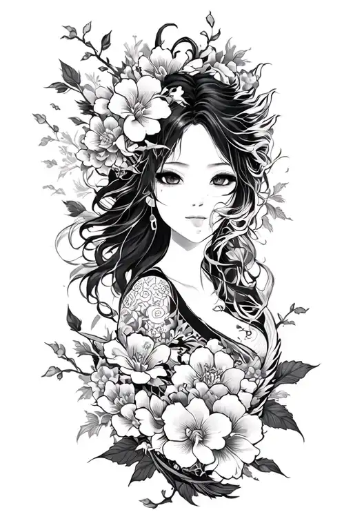 Anime Character Sleeve With Japanese Flowers And Dragon