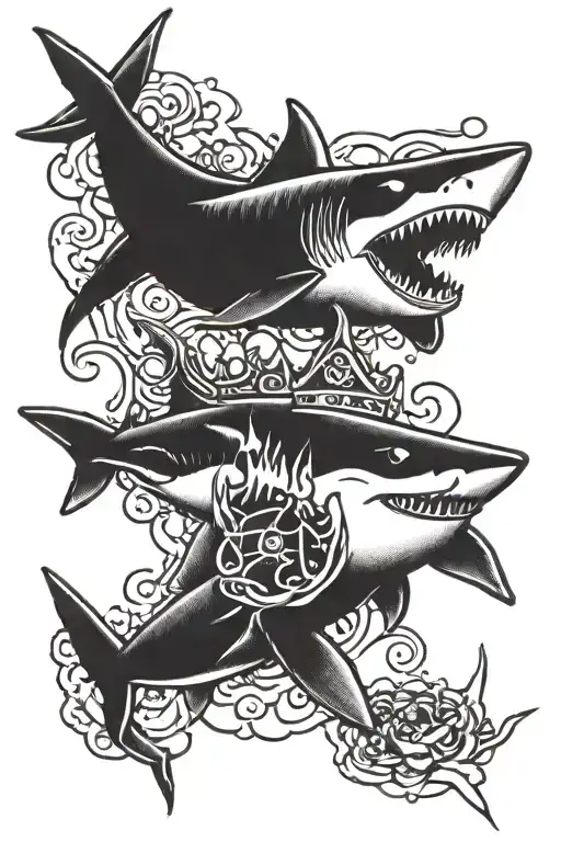 Old School Tattoo Sharks And Skill Wearing Crown