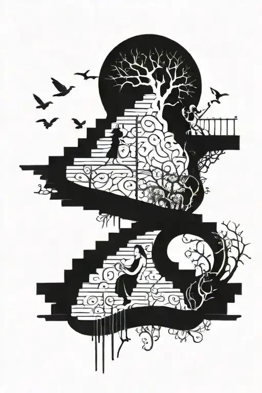 Staircase With Fork And Tree And Lady And Mouth And Bird And Flute