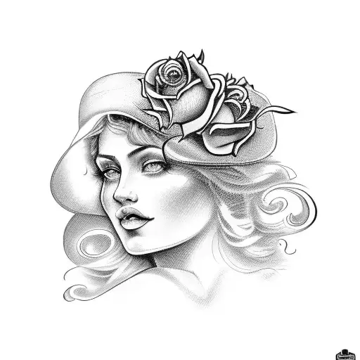 Aphrodite With Rose In Hat And Swirling Clouds And Stars Behind