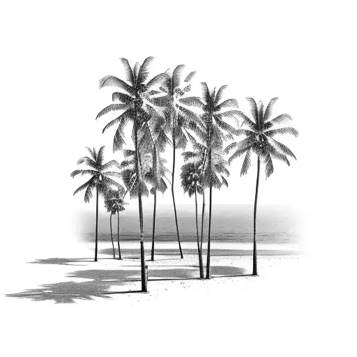 A Beach Scene With Palm Trees And A Truck Parked Nearby