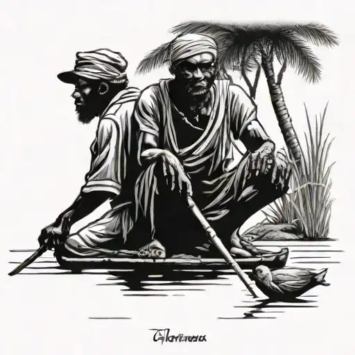 African Yoruba Fishermen By The River Fishing Scene