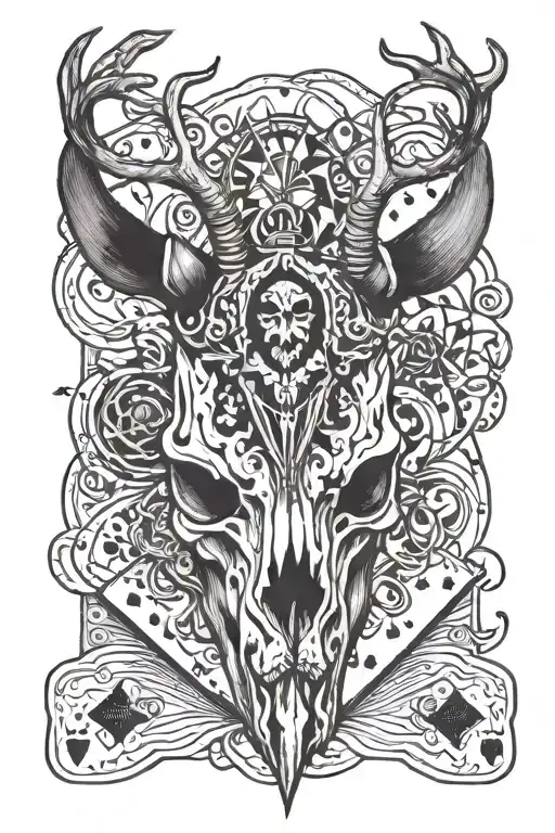 Deer Skull With Horns And Playing Cards Forming The Shape