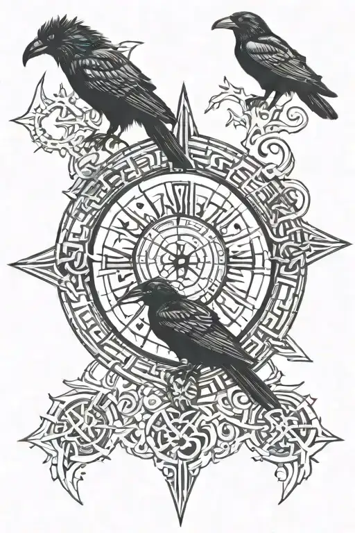 Vegvisir Symbol With Two Ravens Next To It And Viking Runes Around The Whole Thing