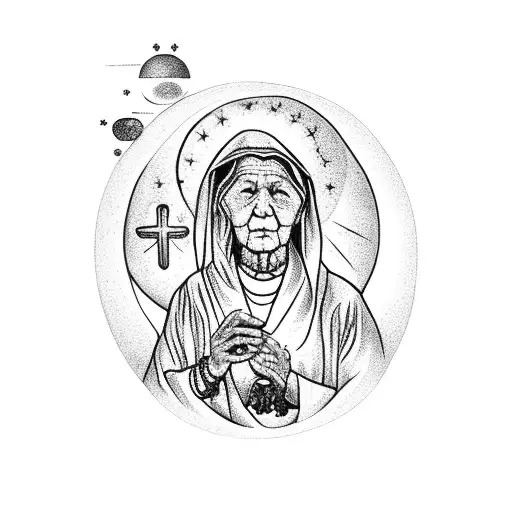 Grandmother Holding A Rosary With A Celestial Background
