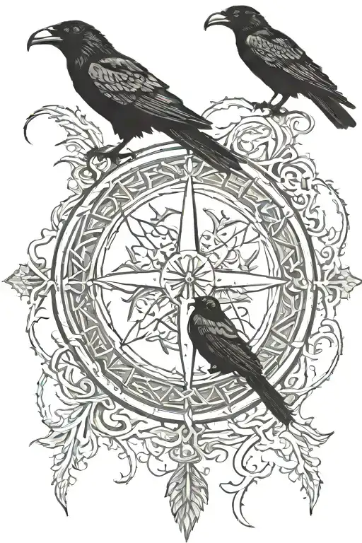 Vegvisir Symbol With Two Ravens Next To It And Viking Runes Around The Whole Thing