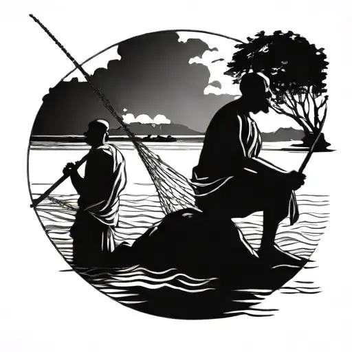African Yoruba Fishermen By The River Fishing With Net Scene