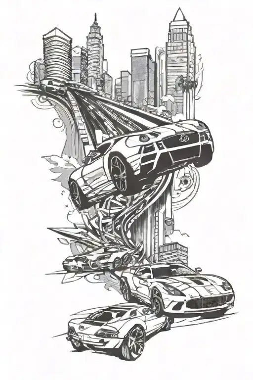 A Sleek And Detailed Tattoo Design Of A Race Car Speeding Through A Las Vegas Cityscape