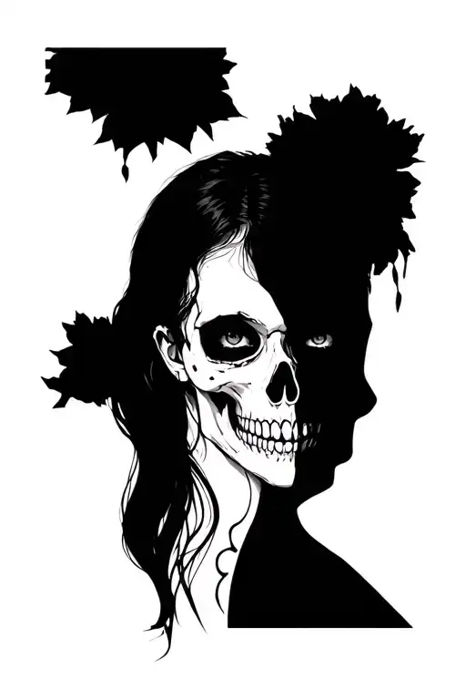 Girl With Dark And Half Face Skull In Profile