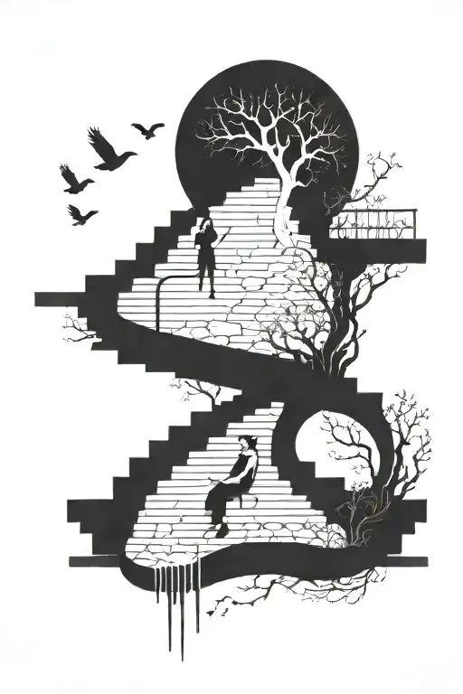 Staircase With Fork And Tree And Lady And Mouth And Bird And Flute