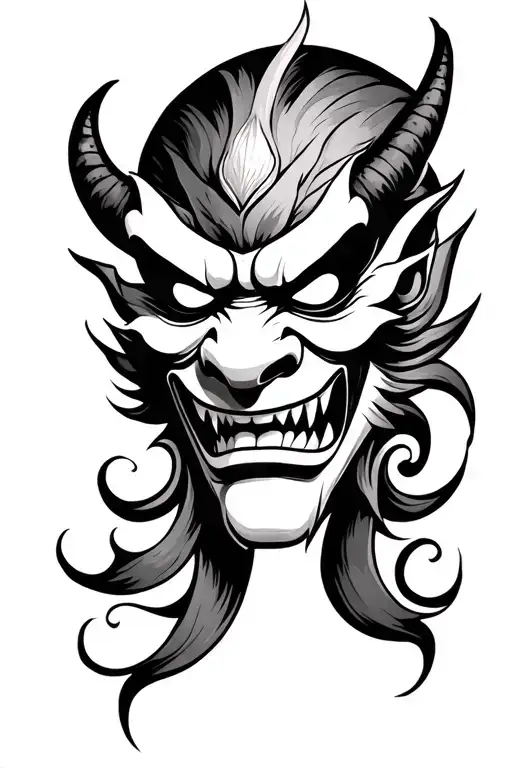 Traditional Japanese Demon Mask With Black Grey