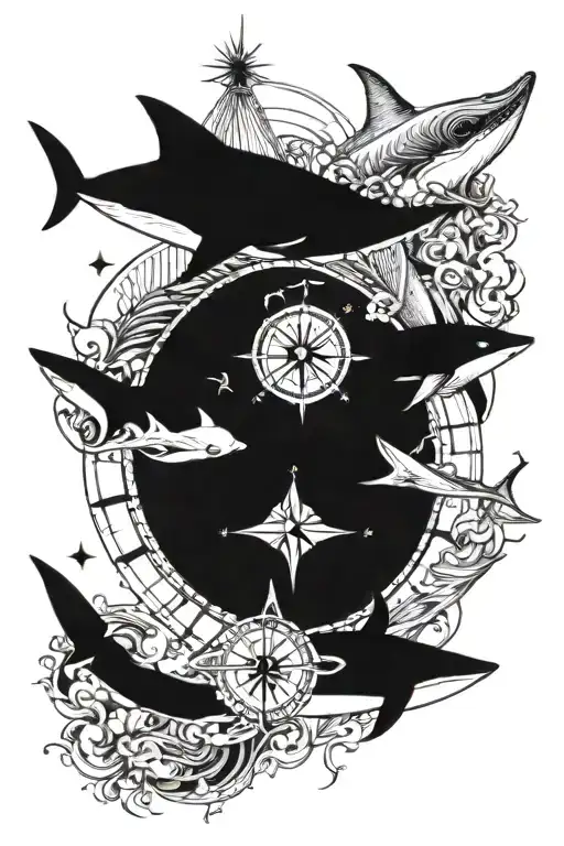 Compass Arrow 1 Shark Whale And 1 Manta Ray
