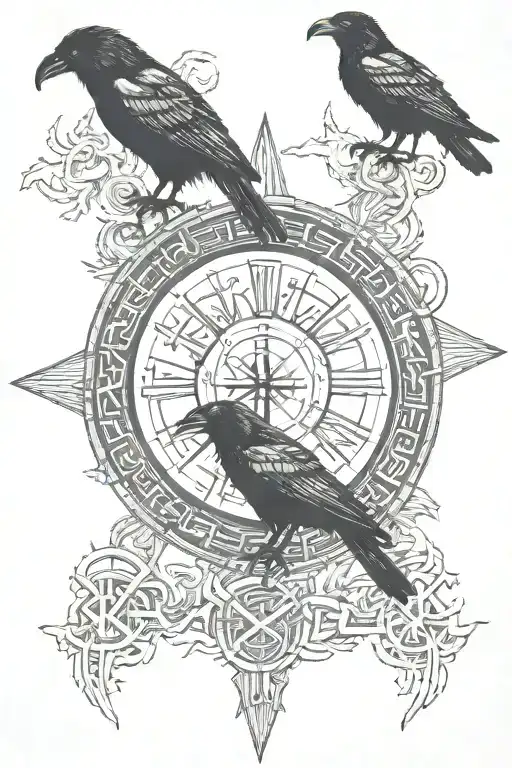 Vegvisir Symbol With Two Ravens Next To It And Viking Runes Around The Whole Thing