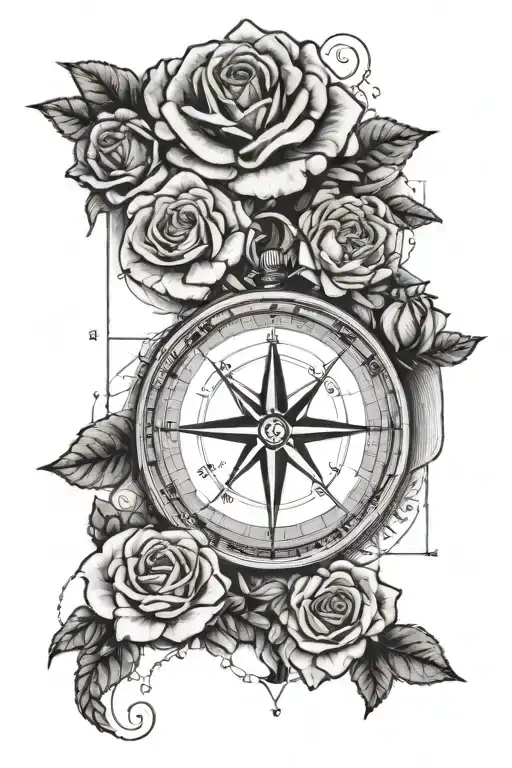 Compass With Bicentennial Quarter And Real Roses And Nautical Chart Background