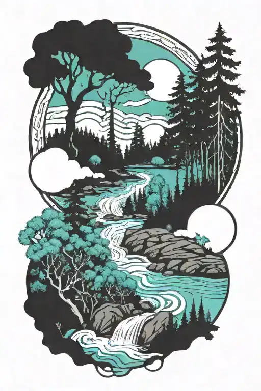 A Mystical Forest Scene With A Turquoise River Running Through It