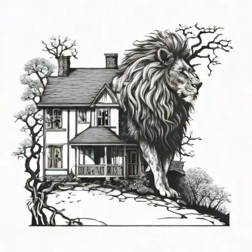 Lion Looking Over A House With A Tree