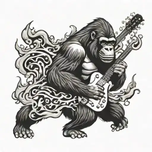 A Gorilla Playing An Electric Guitar Surrounded By Smoke And Flames