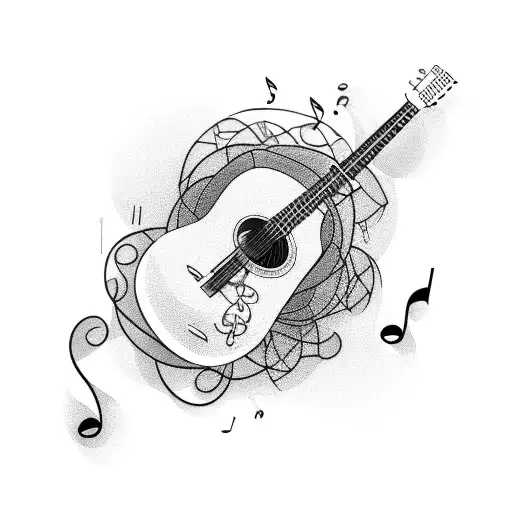 A Blackwork Tattoo Of A Guitar With Musical Notes Intertwining Around It